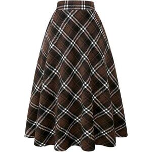 Womens Long Coffee 190Elastic Waist A-Line Pleated Tartan Long Plaid Wool Skirts